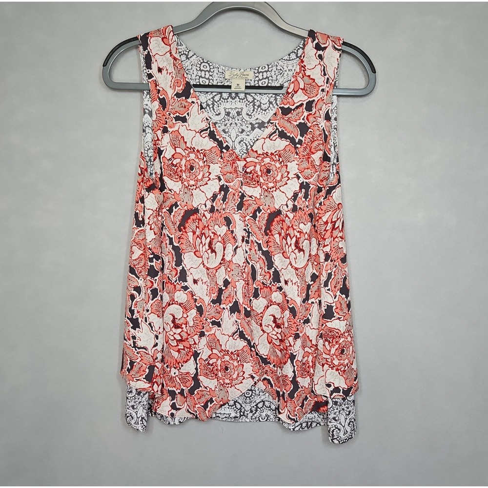 Lucky Brand Womens Red Floral Paisley Layered Boho Tank Top Size Medium